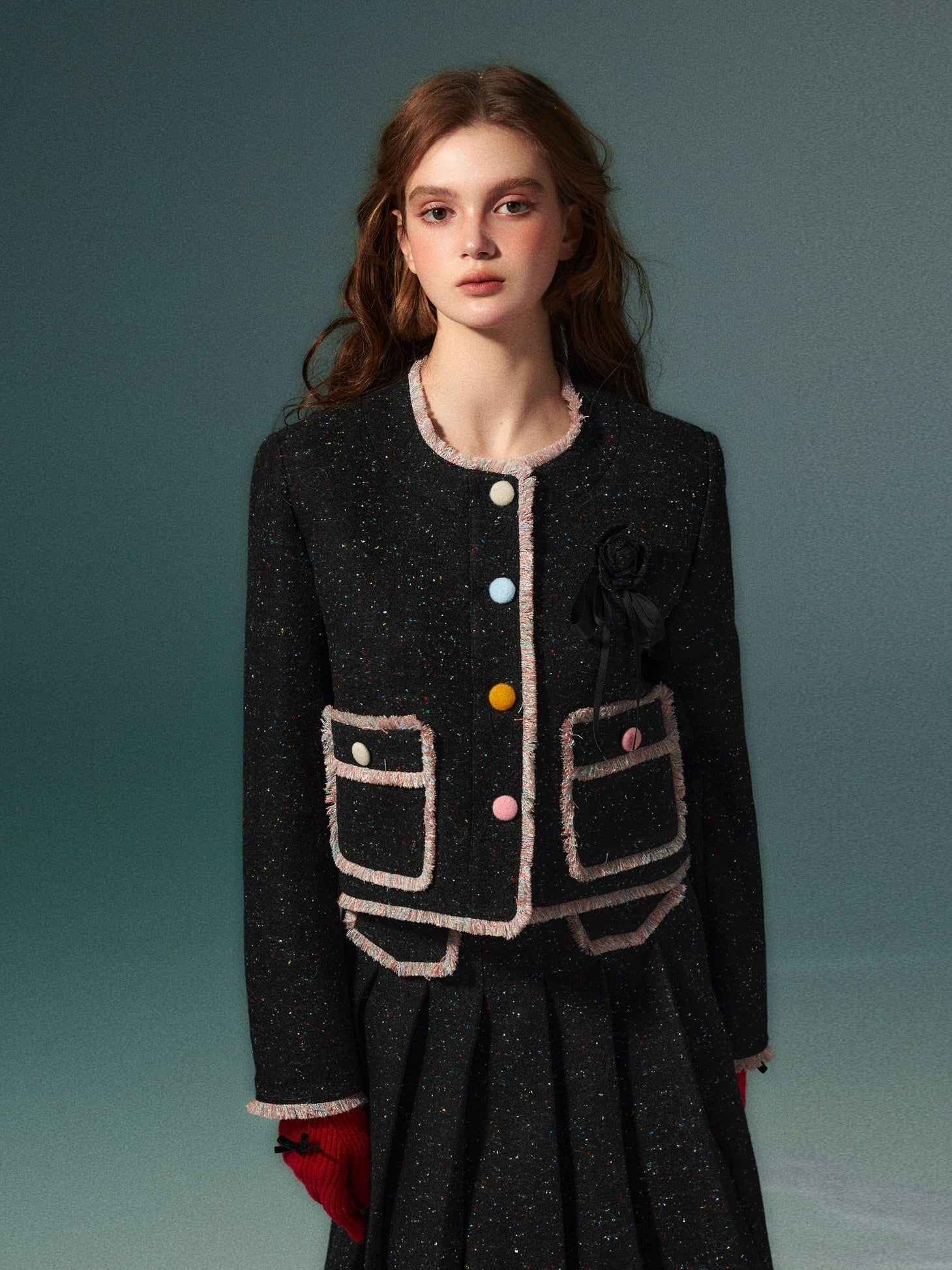 Colorful Dot No Collar Jacket & Pleated Skirt