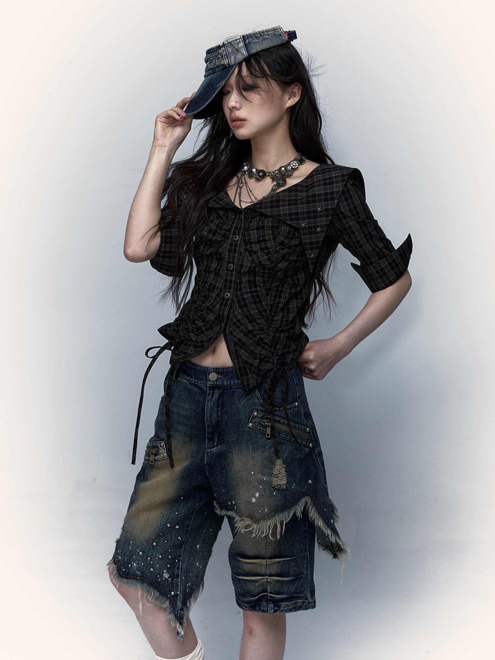 Palace Distressed Pleated Plaid Short Mid-sleeve Shirt