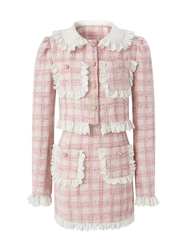 Lace Stitch Check Classical Jacket & Skirt