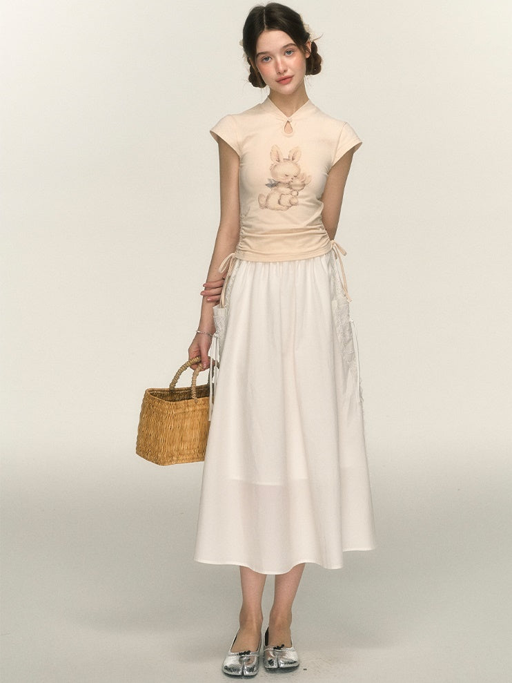 Chinese Style Rabbit Print Drawstring T-shirt