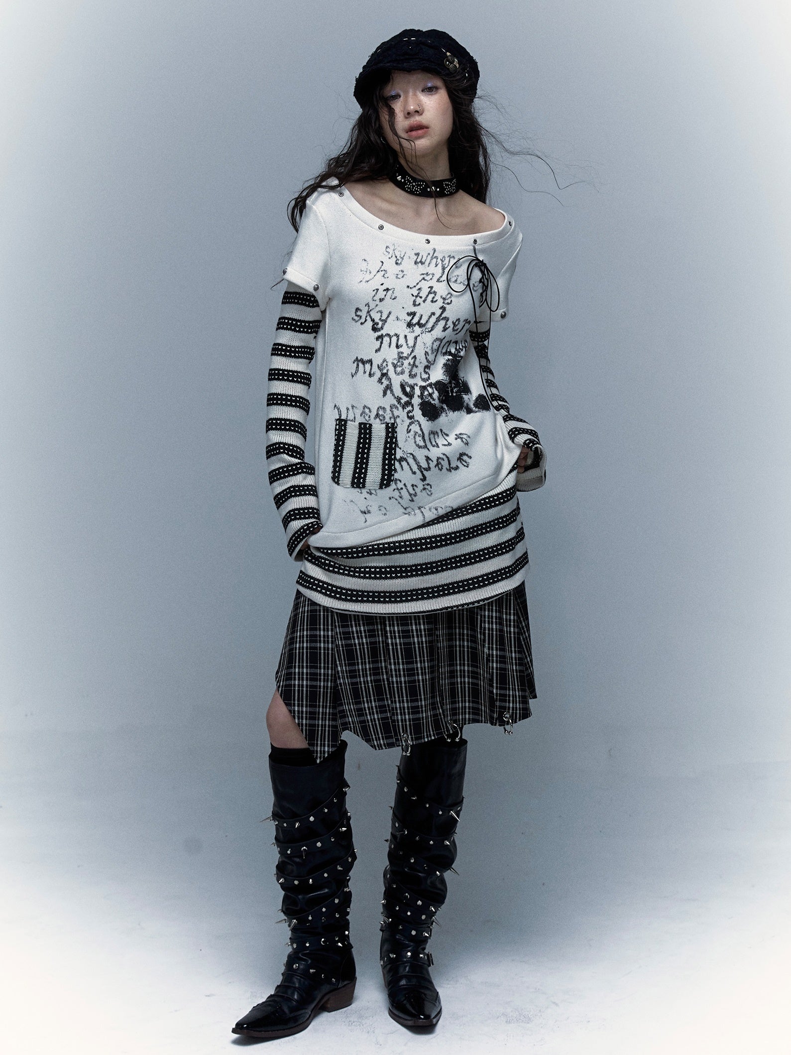 펑크 스 플라이 싱 스트라이프 프린트 긴팔 티셔츠