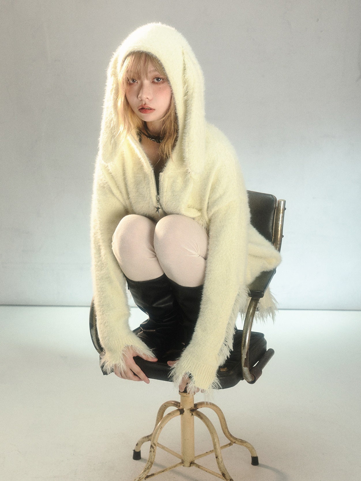 Bunny Ears Ripped Hooded Knitted Cardigan