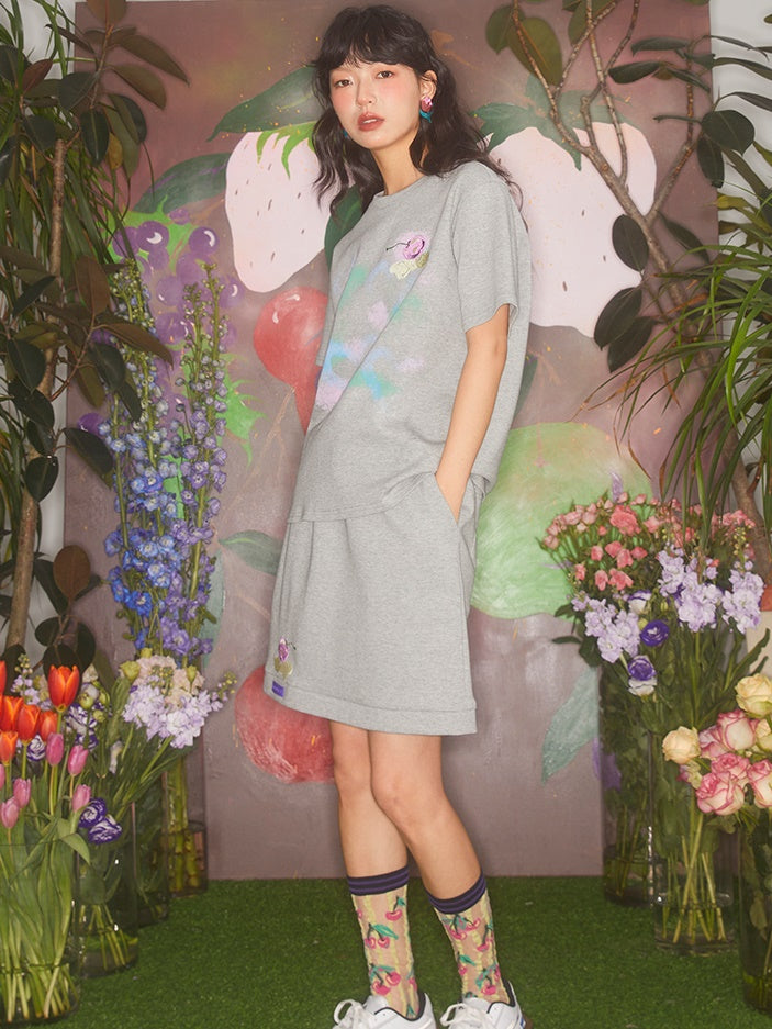 Cherry Embroidery Short Sleeve T-shirt & Sweat Straight Loose Skirt