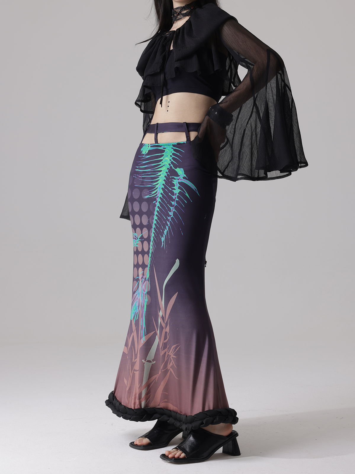 Fishbone Print Stitching Braid Profile Hem Top & Fishtail Skirt