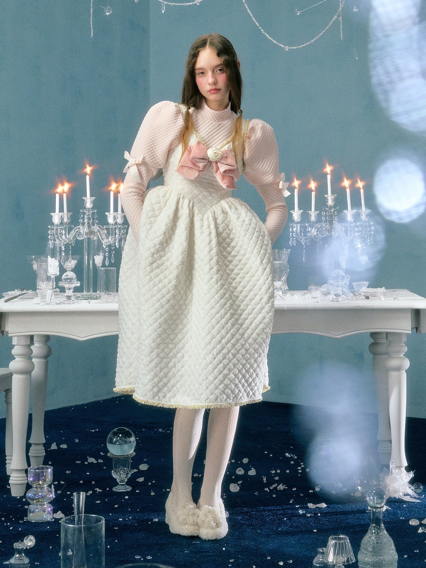 Lace Bow Flower Decoration Padded Suspender Dress & Puff Sleeve Top
