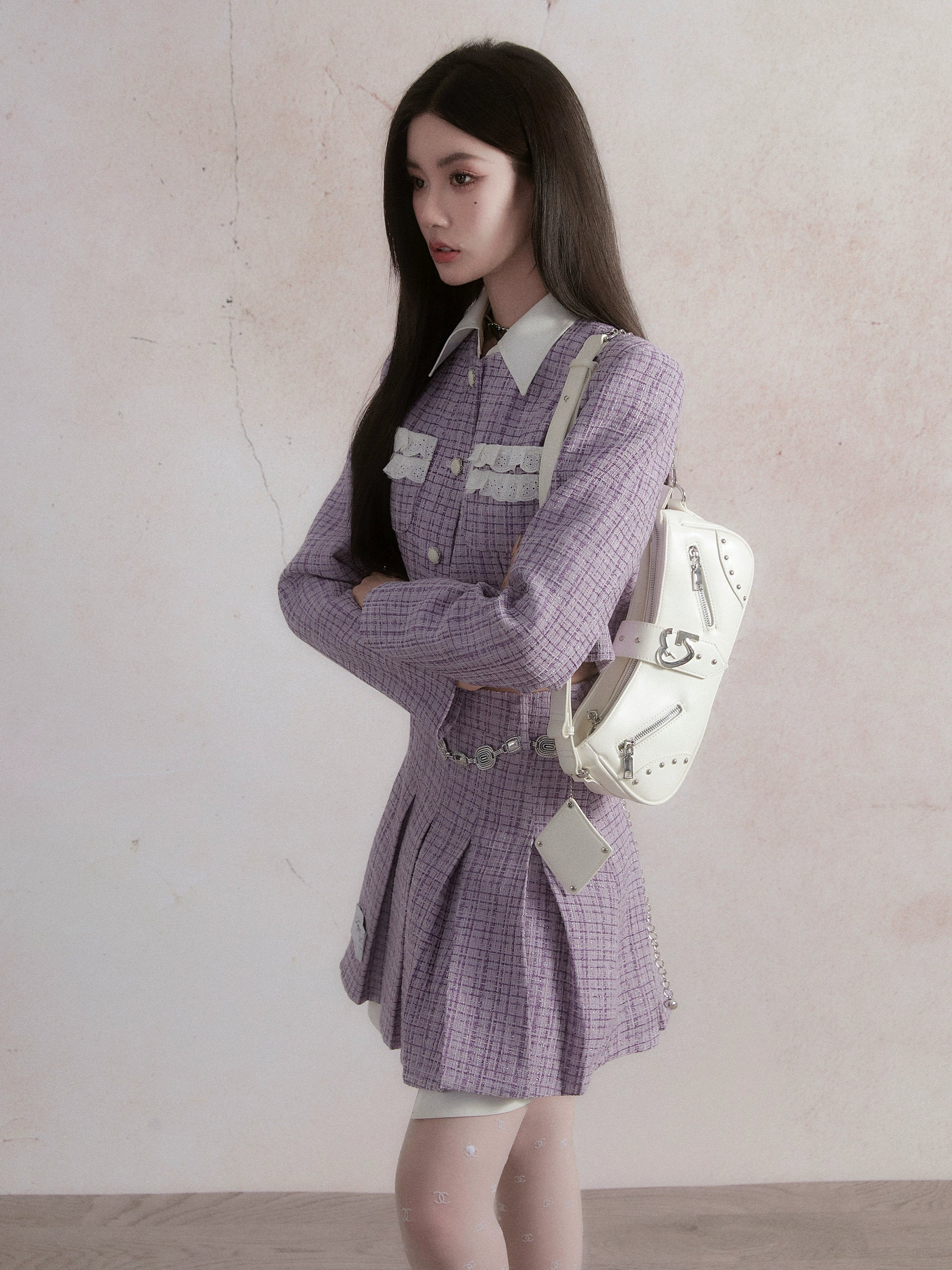 Small Fragrance Style Layered Design Jacket & Pleated Skirt