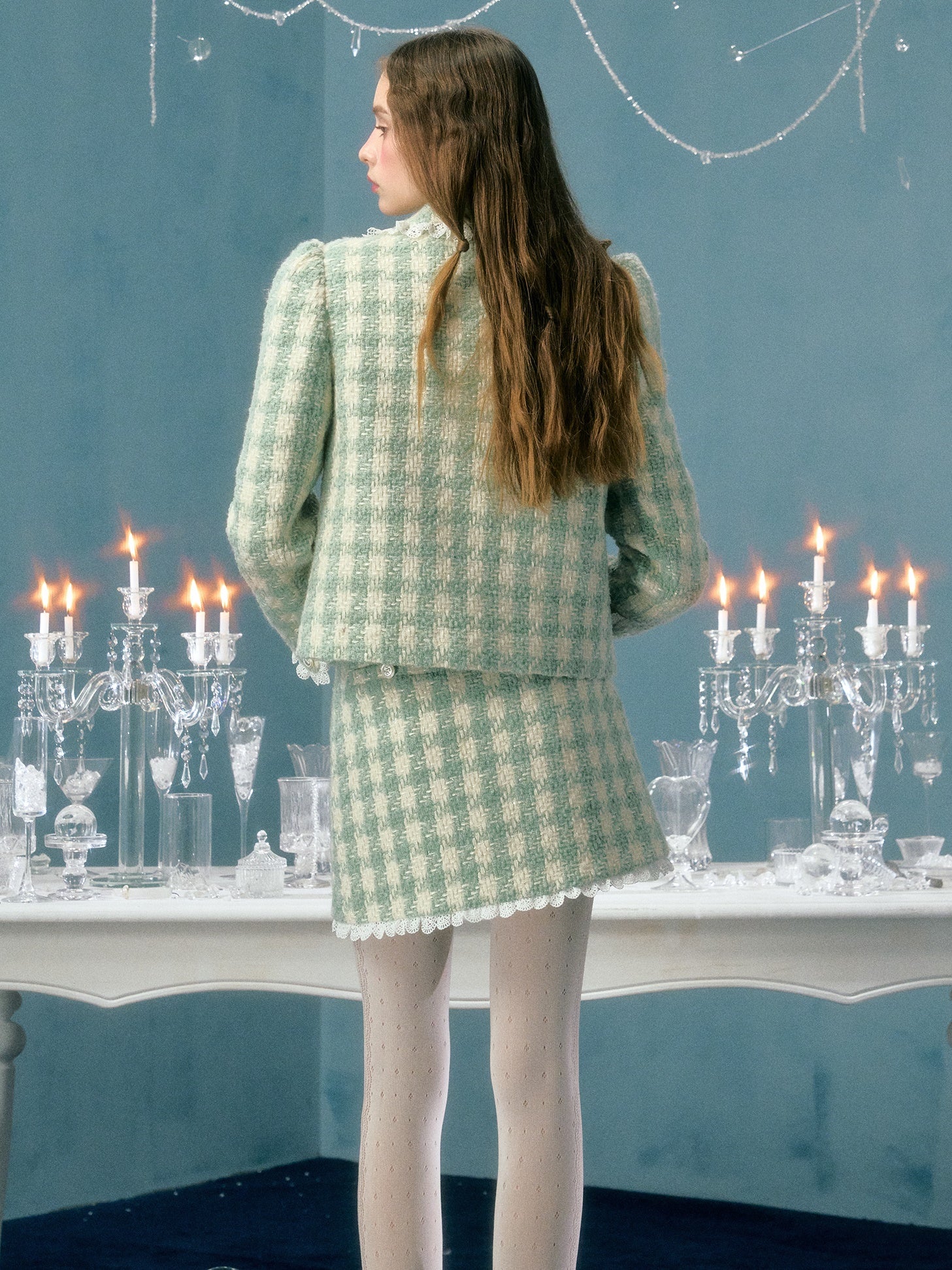 Plaid Bow Flower Brooch Lace Padded Short Jacket & Skirt