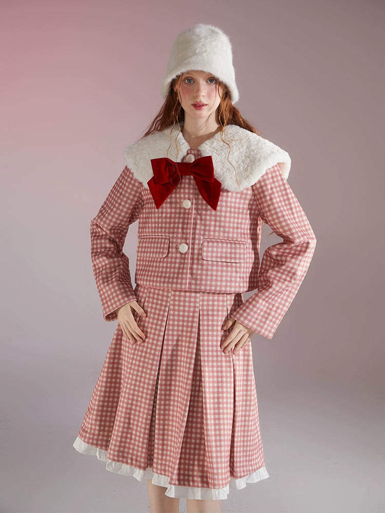 Retro Gingham Plaid Big Collar Jacket & Pleated Skirt