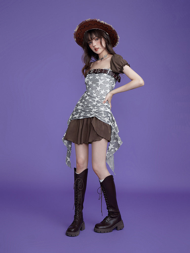 스타 스퀘어 목 이동식 슬리브 2 웨이 드레스