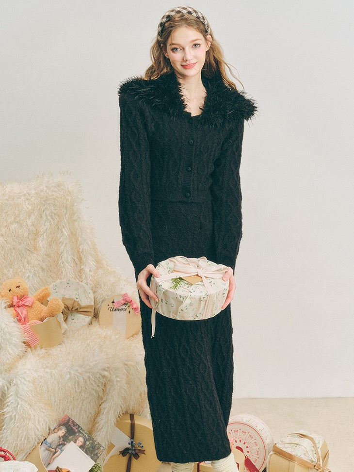 Fur Collar Twist Knitted Cardigan & Long Skirt