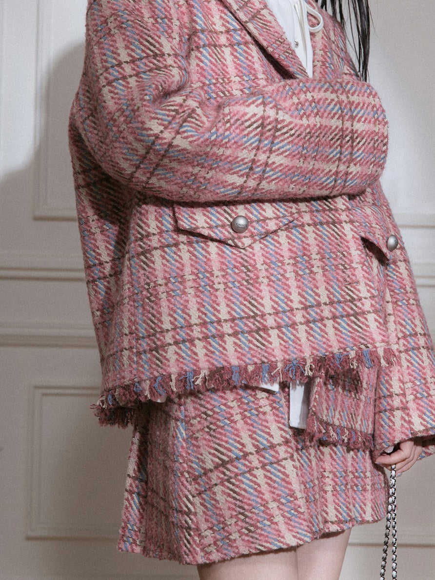 Plaid Tweed Asymmetry Design Jacket & Skirt