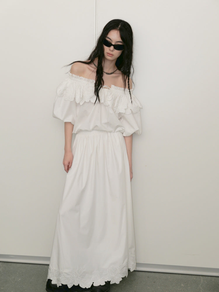 Carved Flower Lace Off-Shoulder Top & Embroidered Skirt