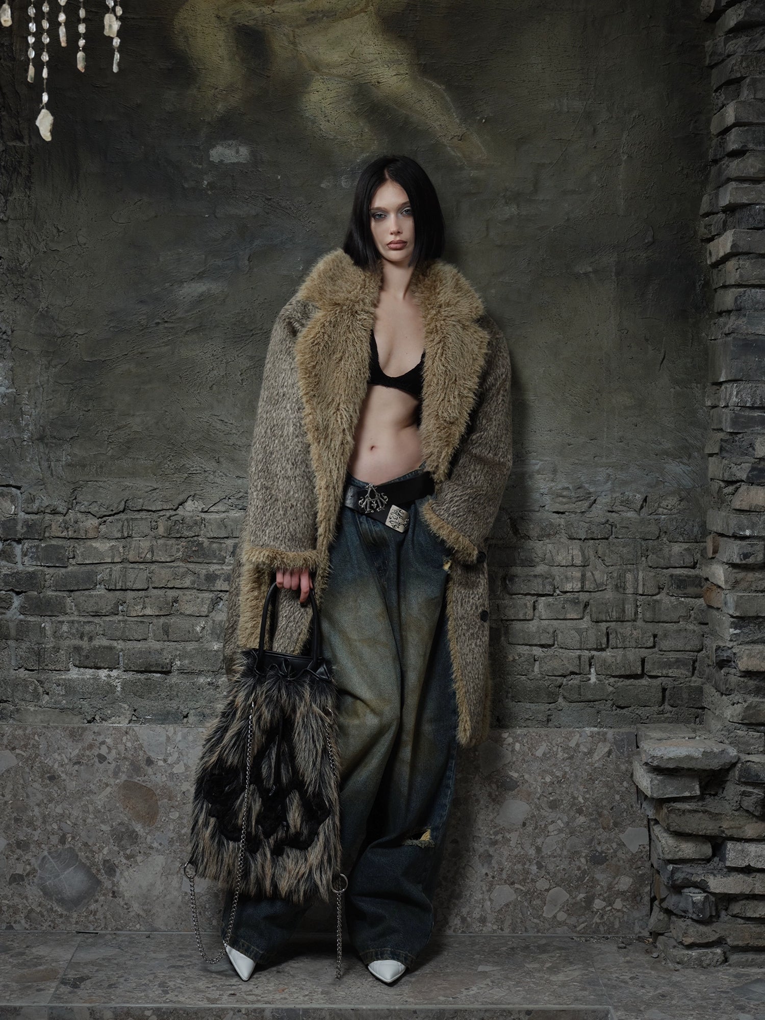 Large Collar Plus Velvet Belted Coat
