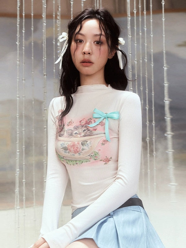 귀여운 고양이 프린트 긴팔 티셔츠