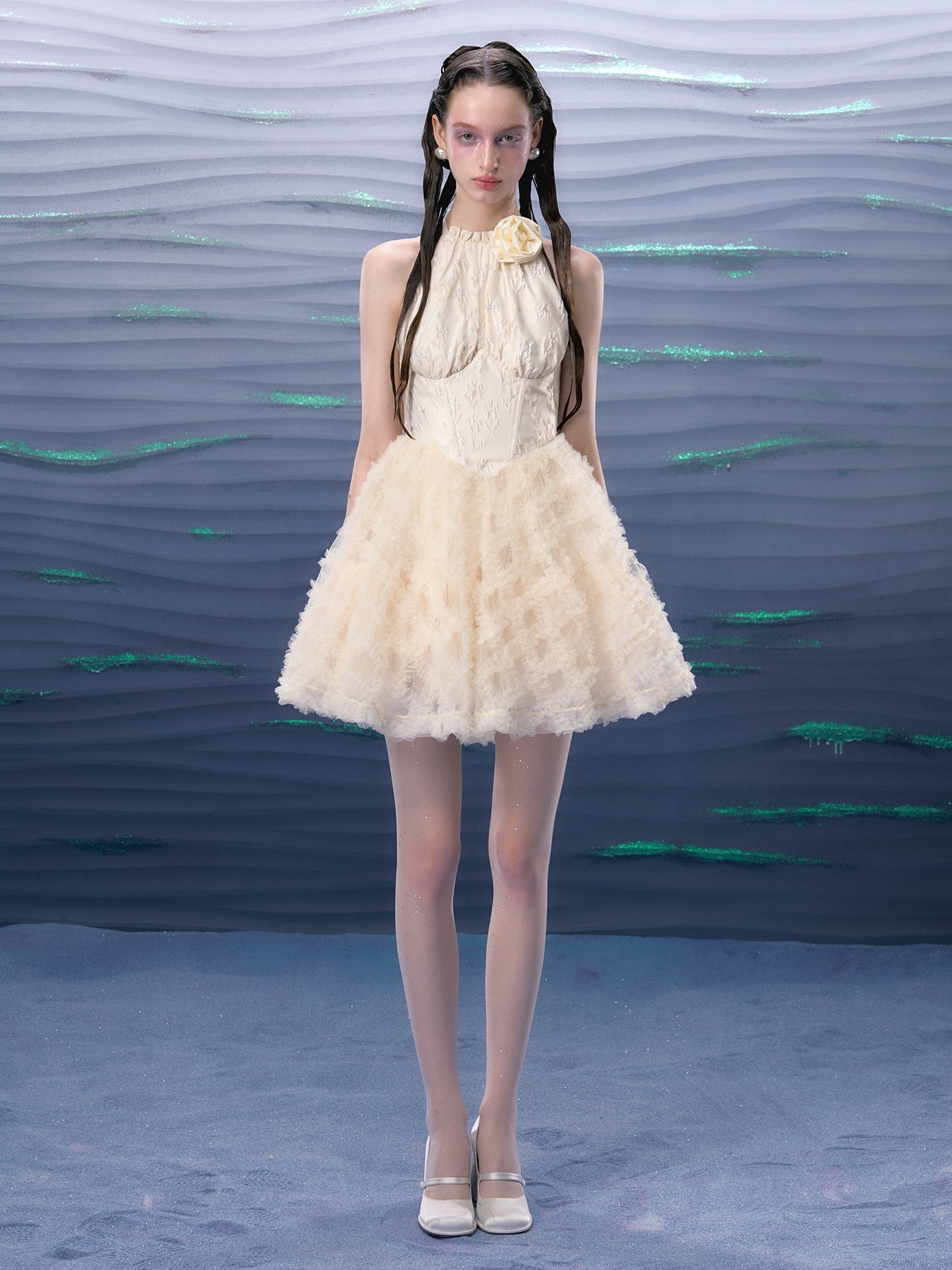 Jacquard Mesh Hem Flower Brooch Halter Neck Dress