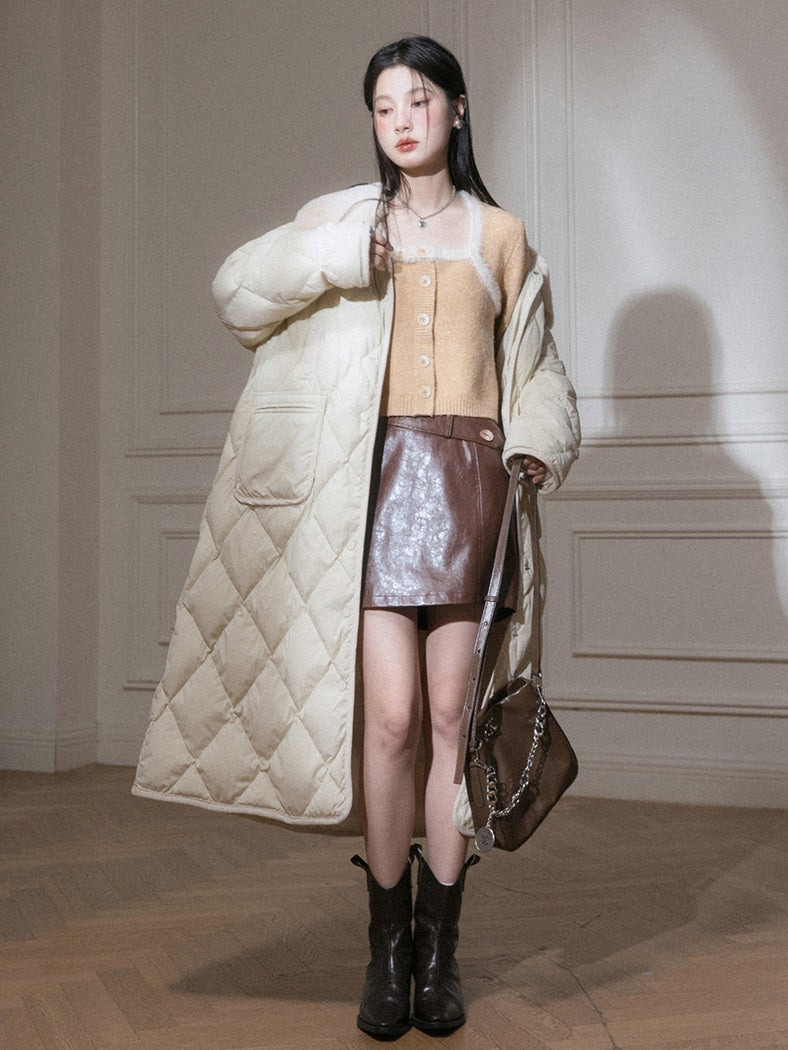 Fur Collar Diamond Stitch Down Coat