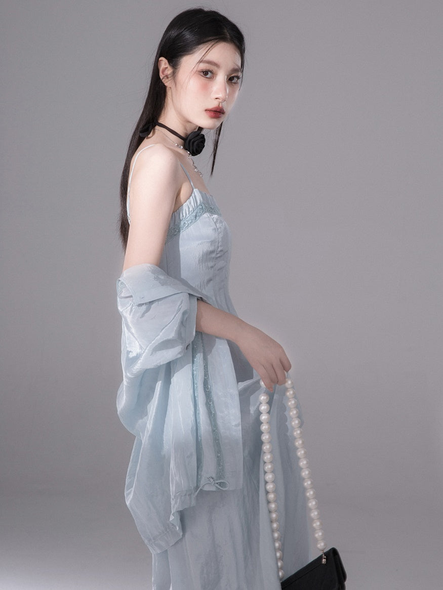 Glossy Drawstring Shirt & Slip Long Dress