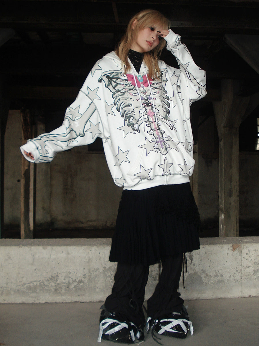 Star Skull Printed Loose ZIP-Up Parka