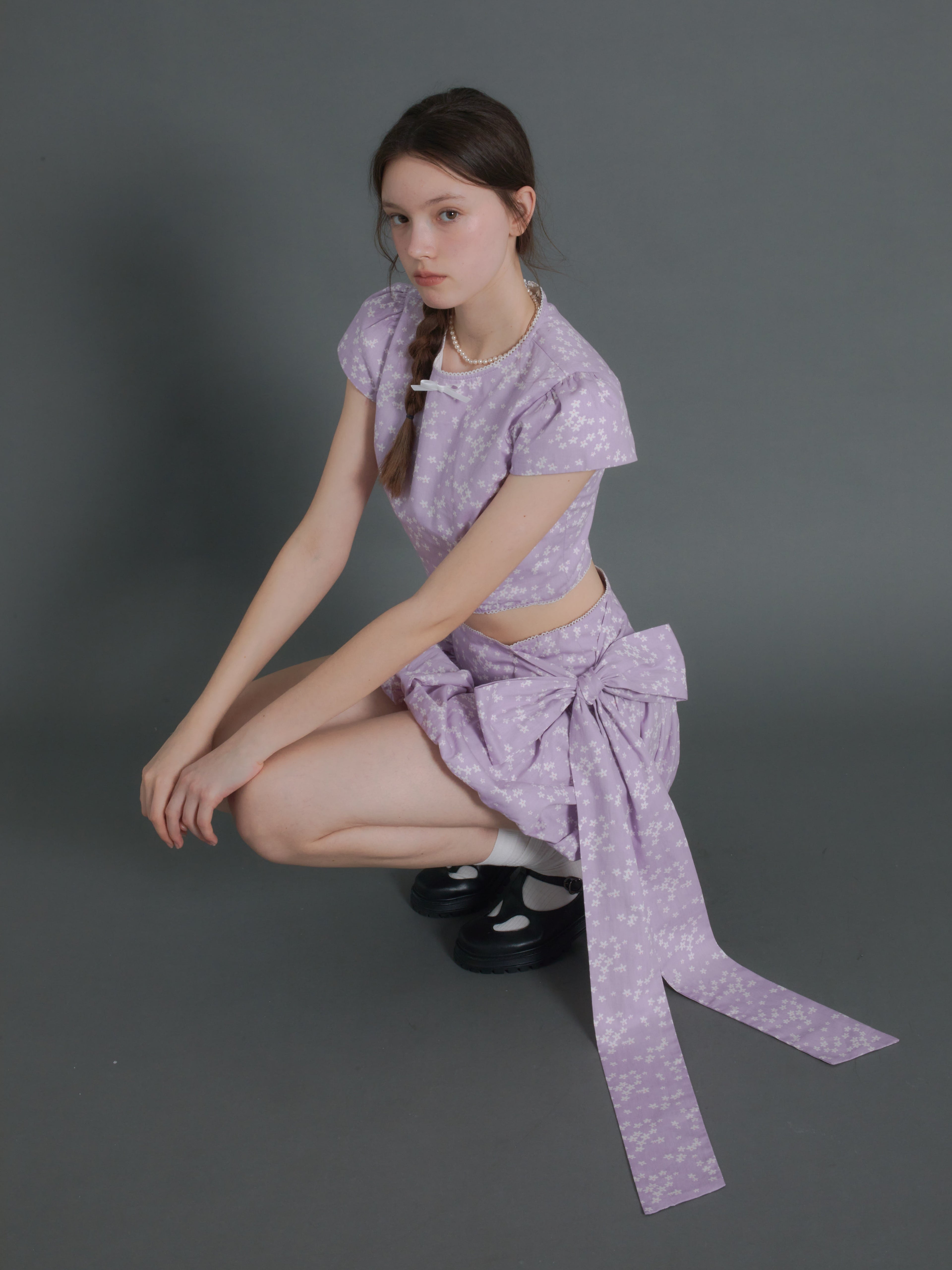 Floral Short Sleeve Cropped Top & Ribbon Bud Skirt