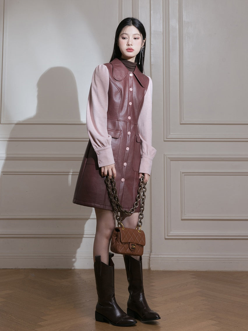 Knitted Sleeve Leather Dress