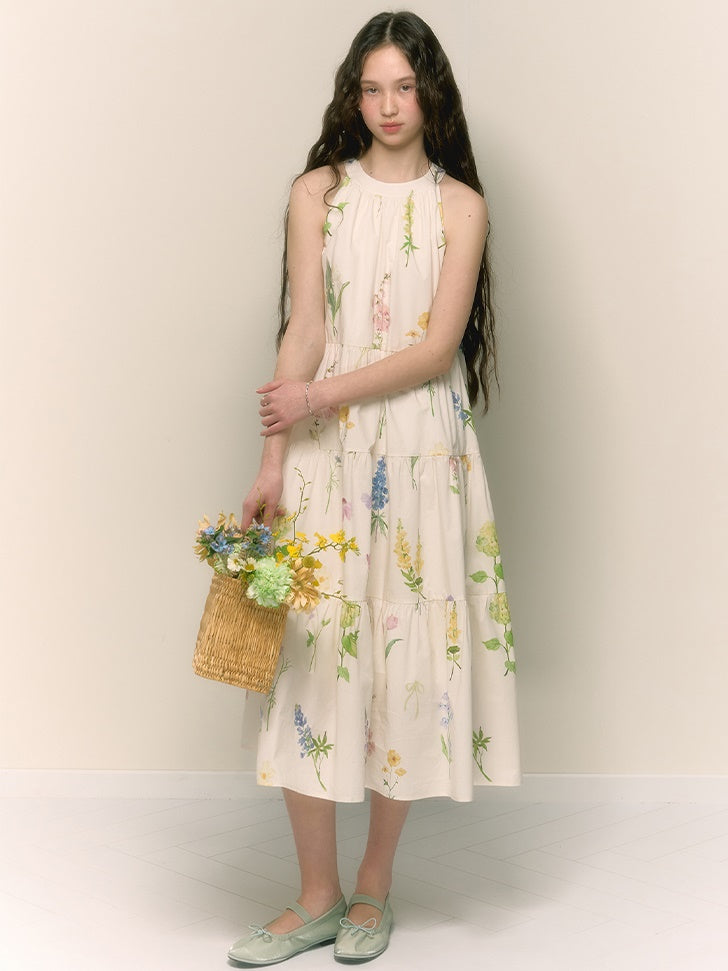 French Retro Girly Print Pleated A-line Halterneck Long Dress