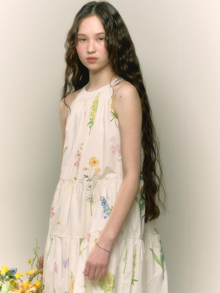 French Retro Girly Print Pleated A-line Halterneck Long Dress