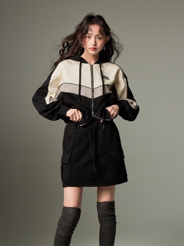 Sports Style ZIP-up Hoodie & A-Line Skirt