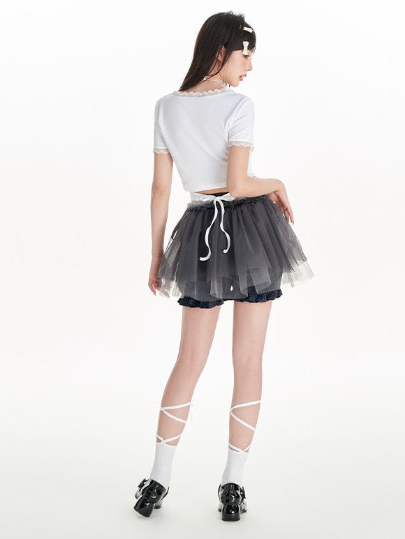 뒷면 스트랩 보우 레이스 U-Neck 인쇄 티셔츠