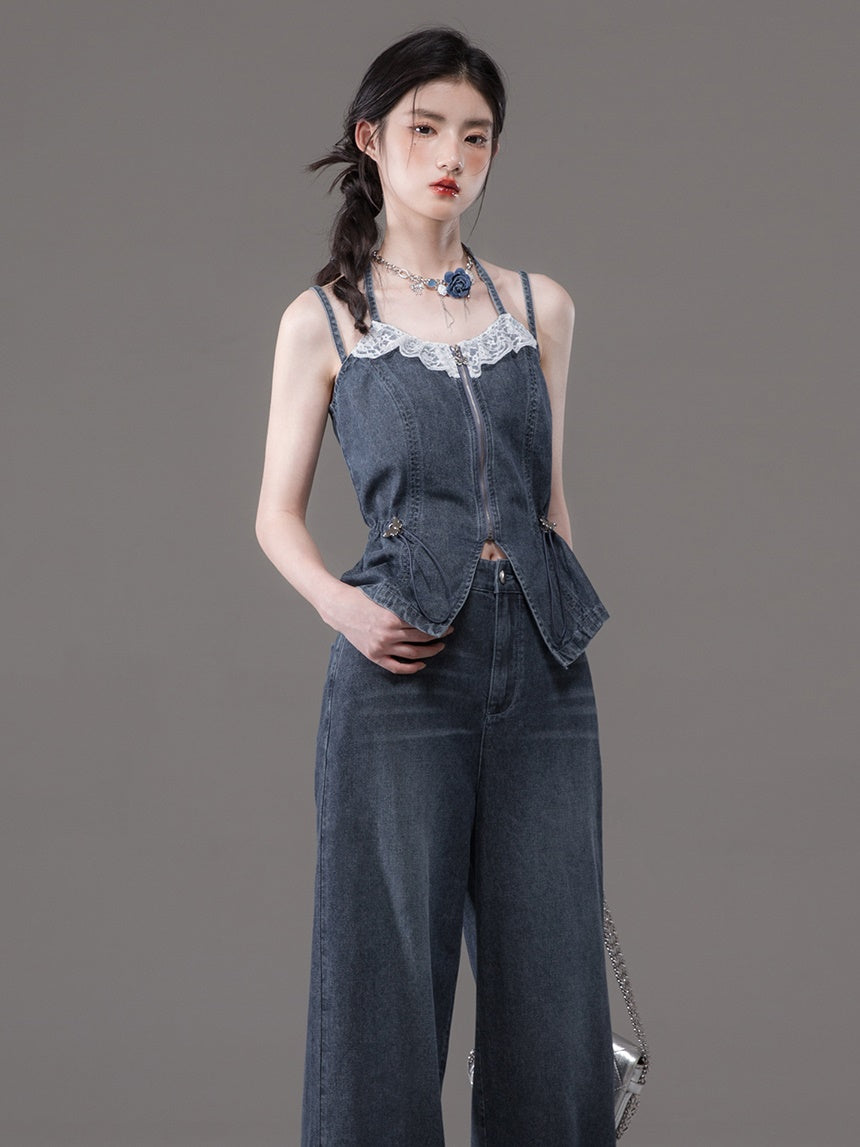Double Strap Lace Stitch Denim Camisole & Wide-Leg Jeans Set-up