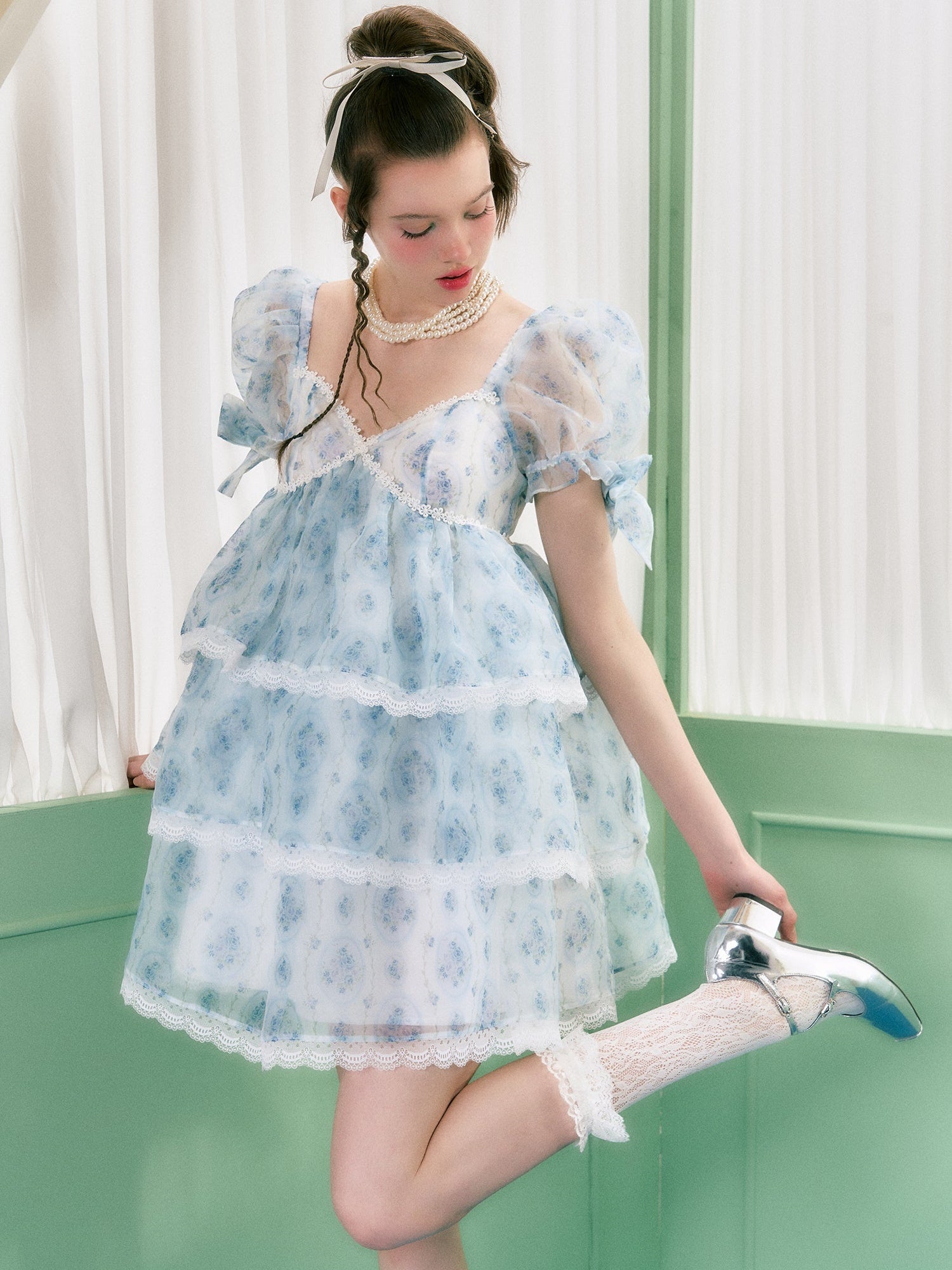 Organza Quadratkragen Puffhülsenkleid Kleid