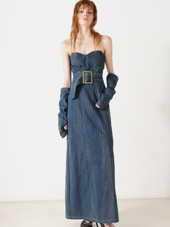 Denim Bare Top Long Dress With Sleeves – ARCANA ARCHIVE