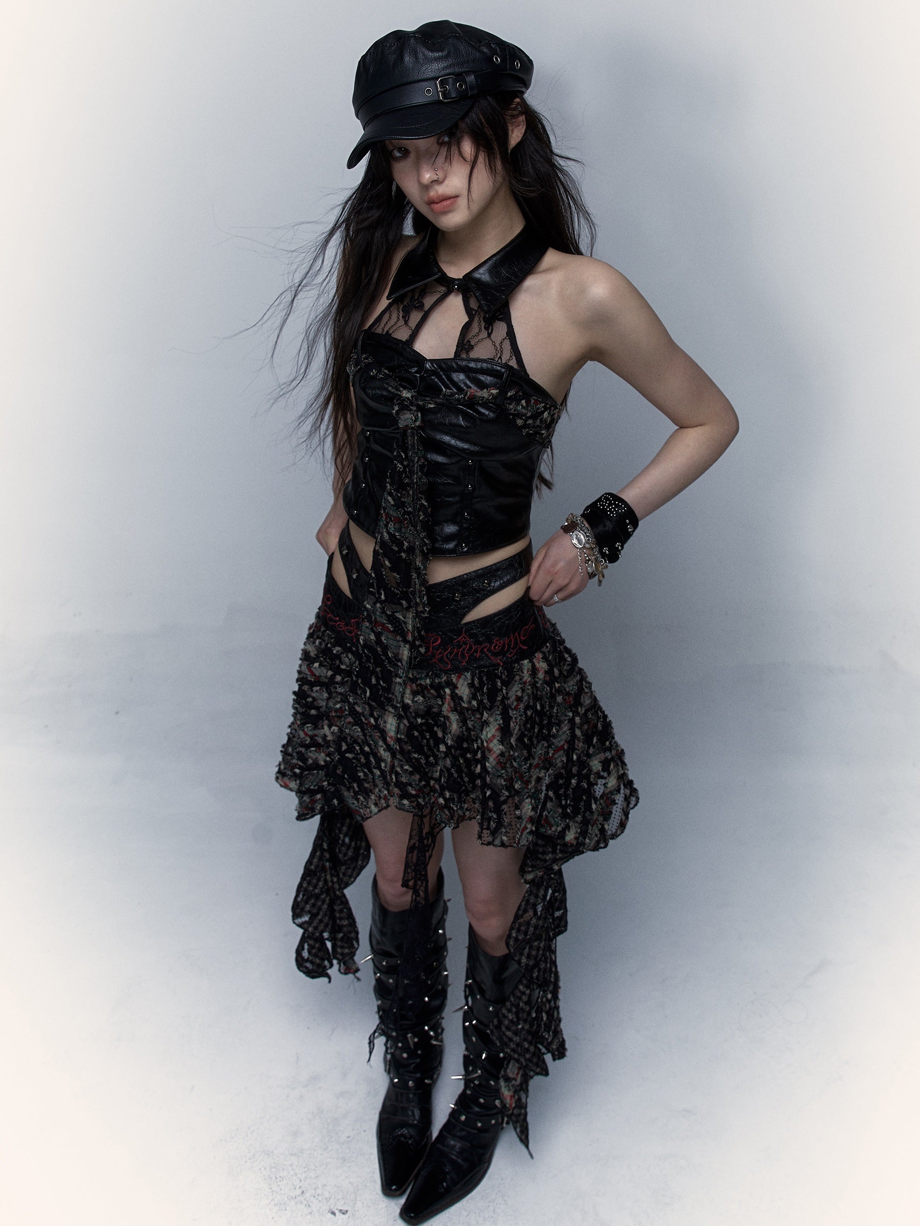 Stitching Embroidered Skirt & Lace Stitch Leather Tube Top