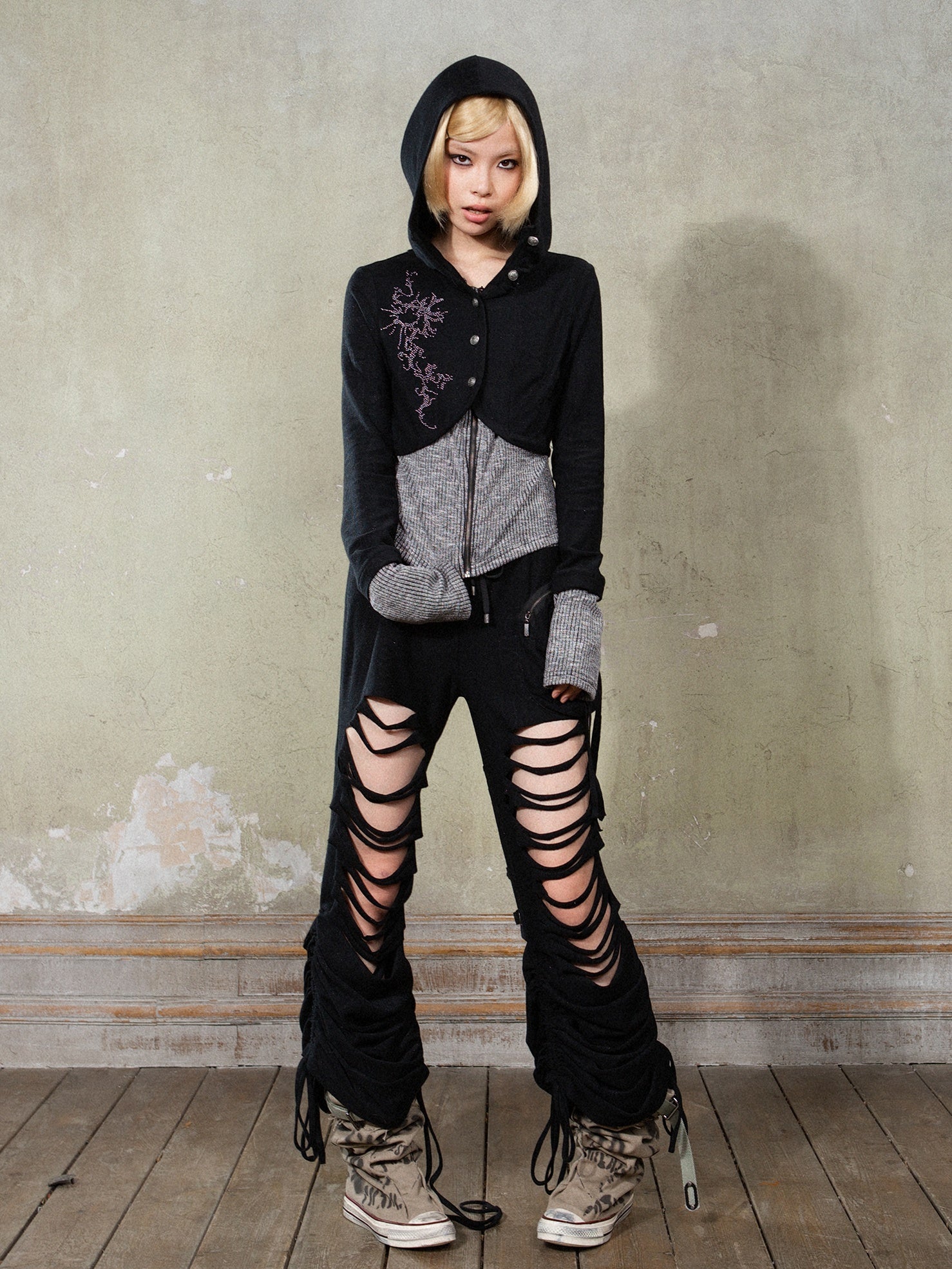 Hooded Knitted Switching Slim Cardigan