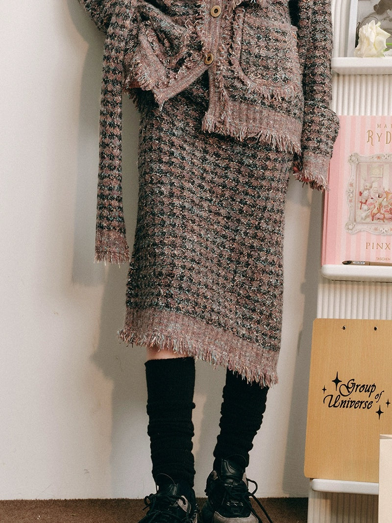 Knitted Fringe Cardigan Jacket With Stole & Long Skirt