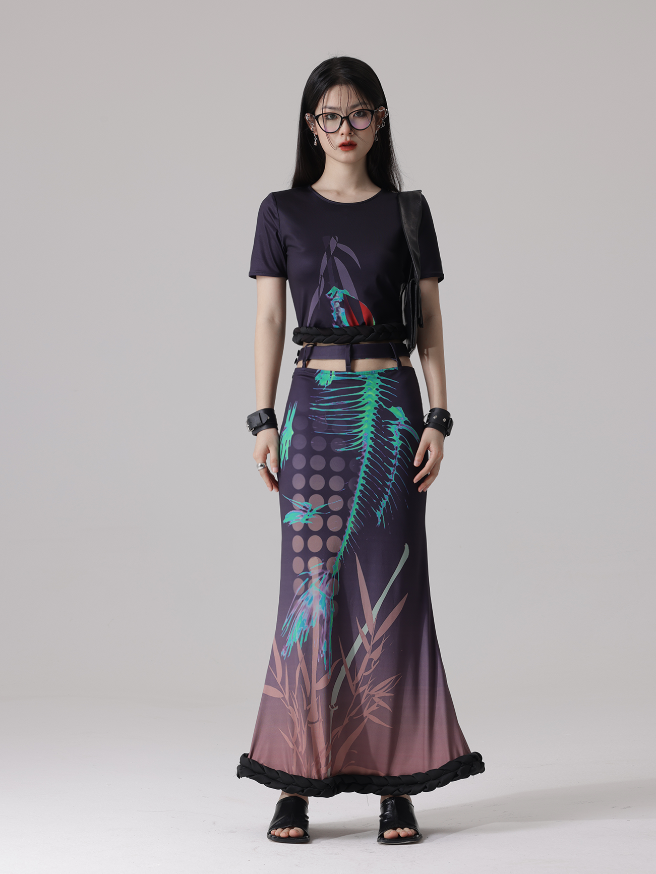 Fishbone Print Stitching Braid Profile Hem Top & Fishtail Skirt
