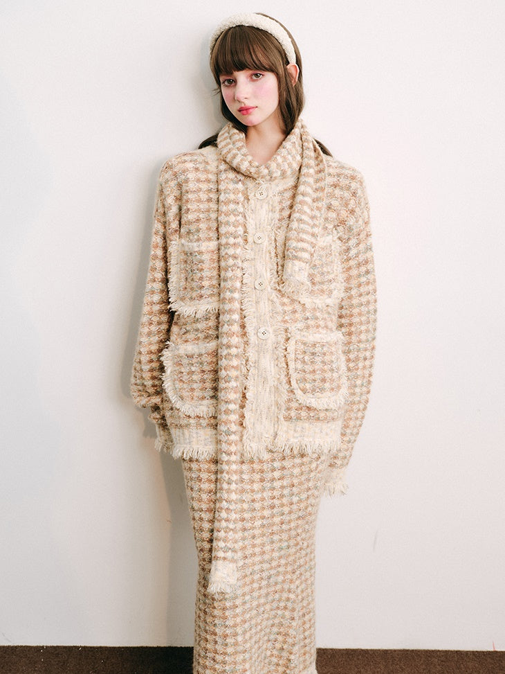 Knitted Fringe Cardigan Jacket With Stole & Long Skirt