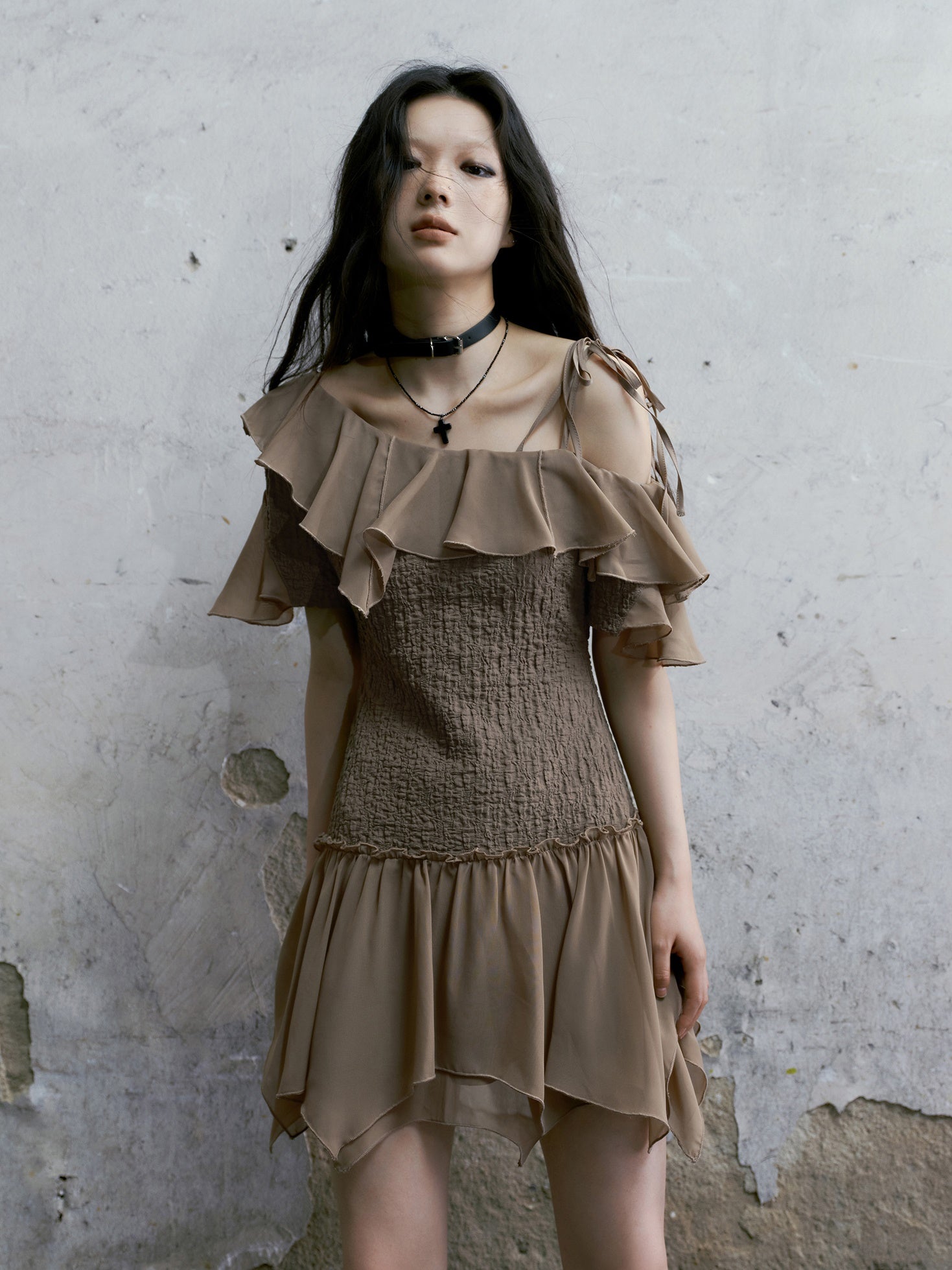 One-Shoulder Washer Frill Dress