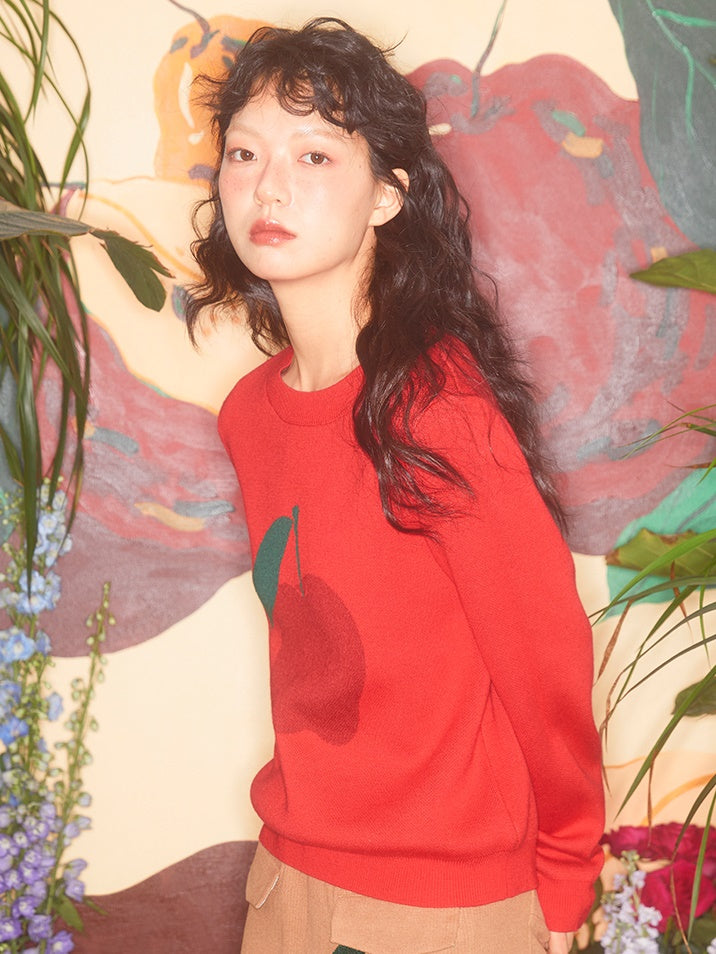 Apple Jacquard Round Neck Sweater