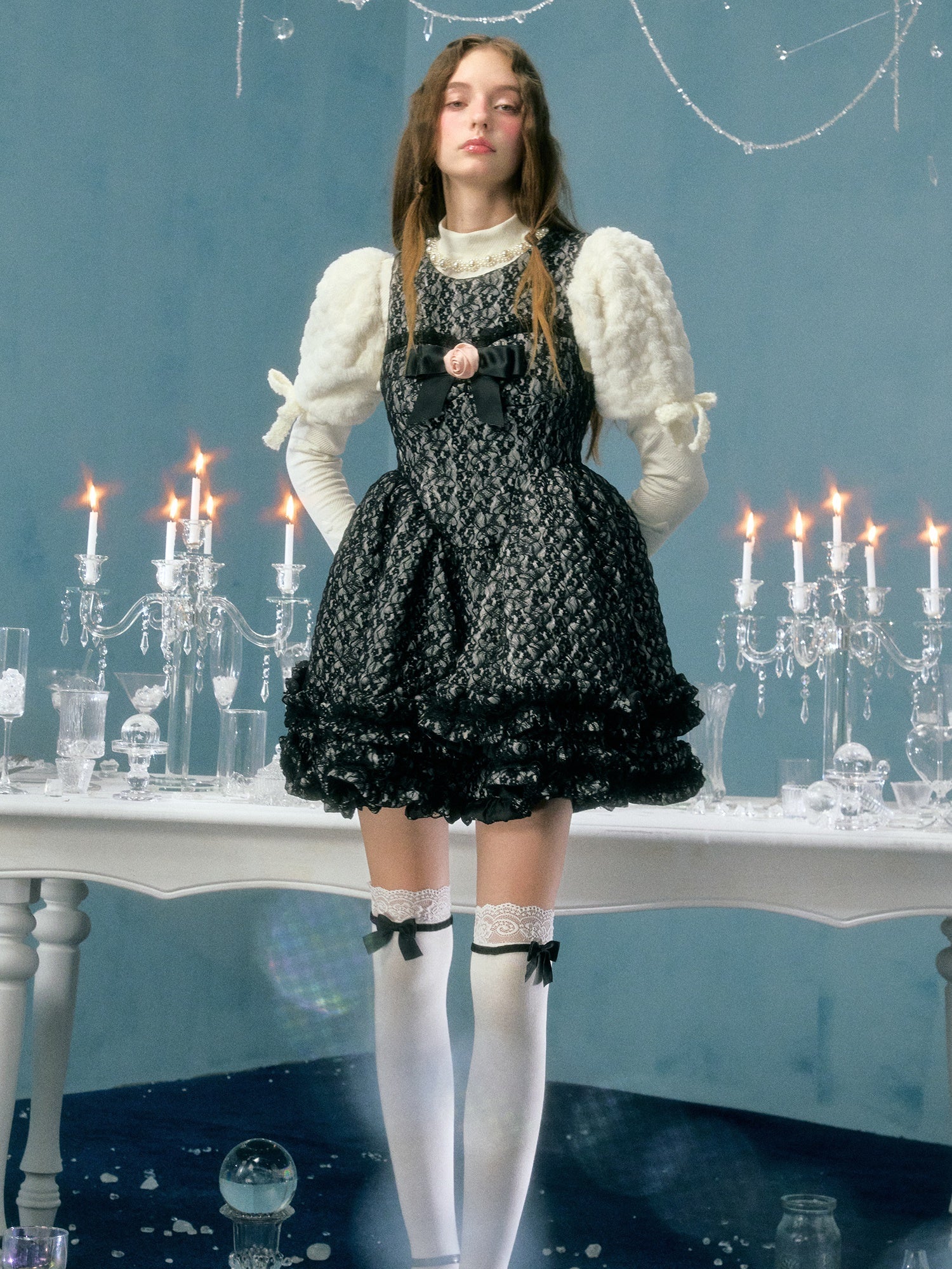 Lace Quilted Bow Flower Brooch Sundress & Puff Sleeve Top