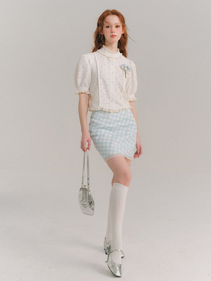 Stand Collar Jacquard Lace French Short-sleeved Shirt
