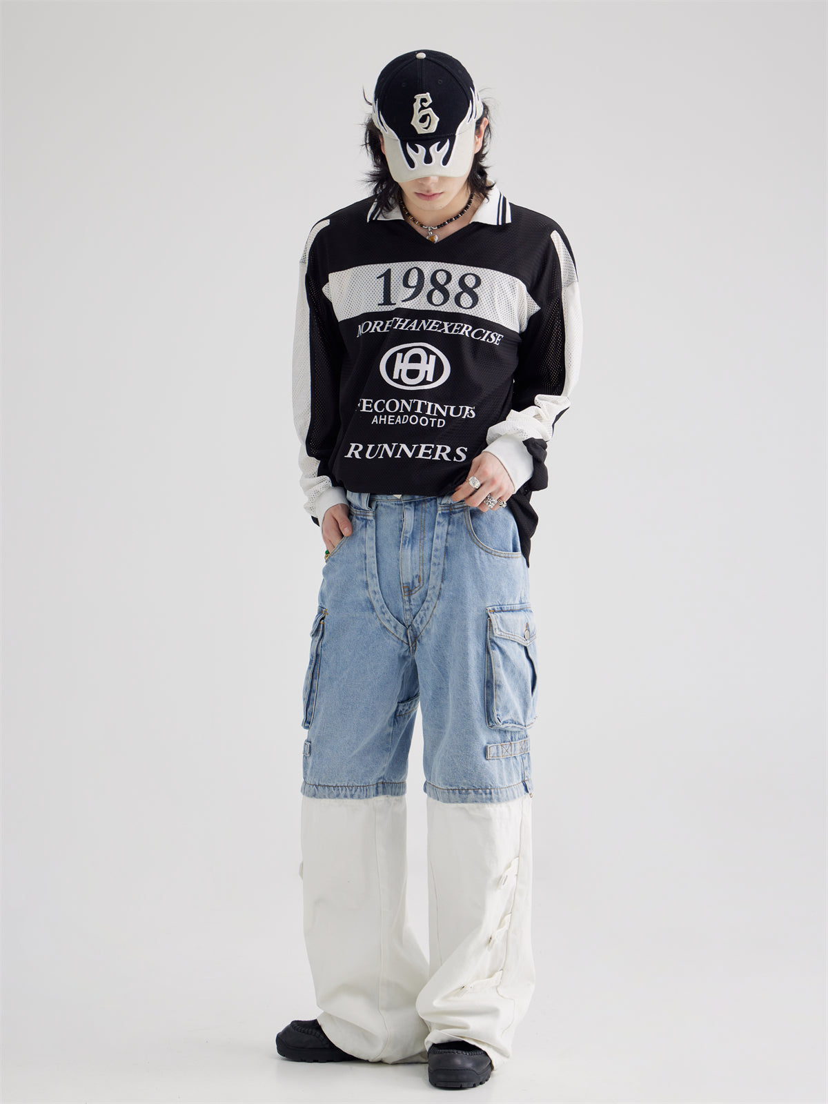 Polo Collar Mesh Print Long-sleeved T-shirt