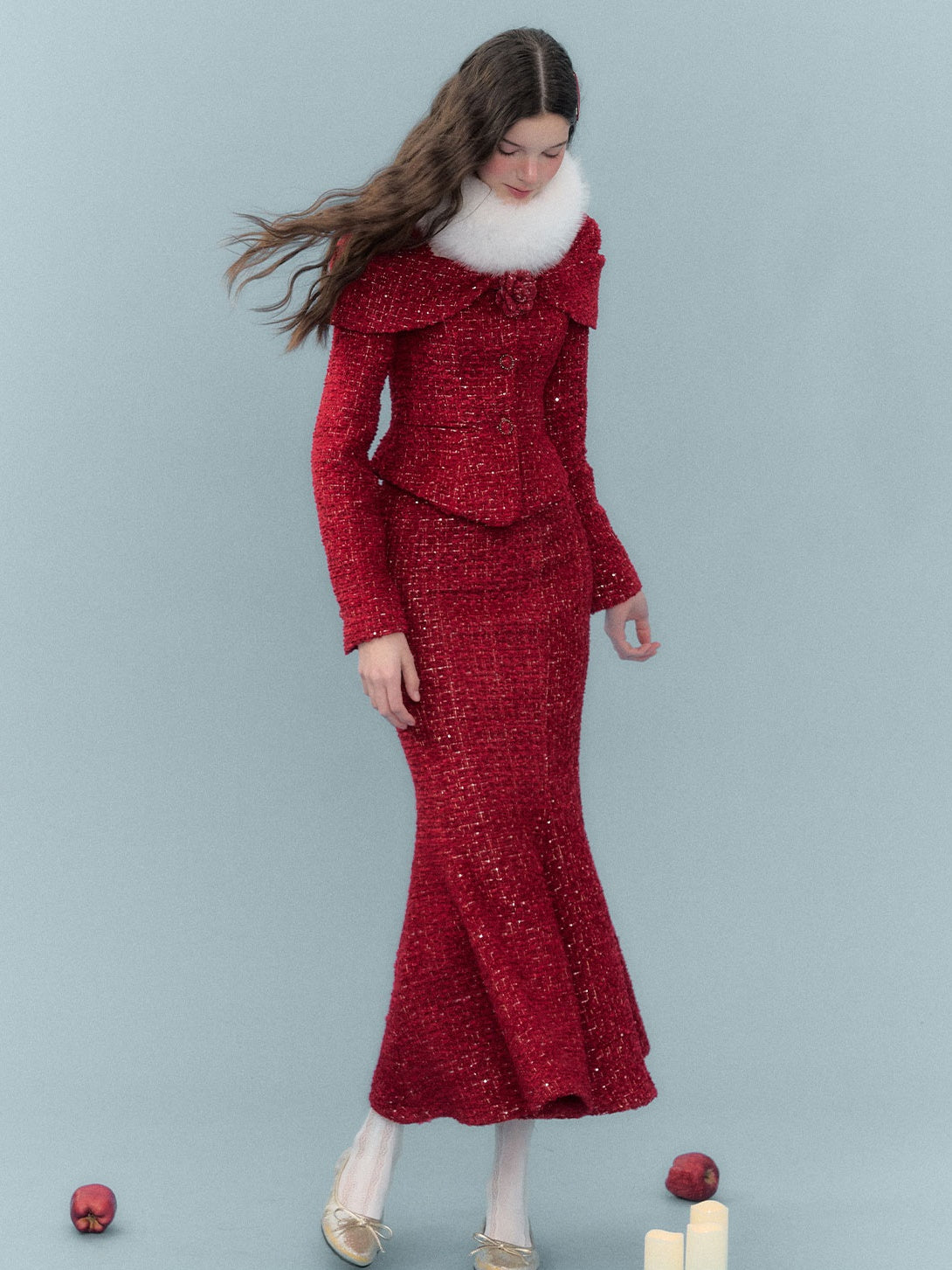 Woven Shag Retro Tweed Jacket & Short & Long Skirt