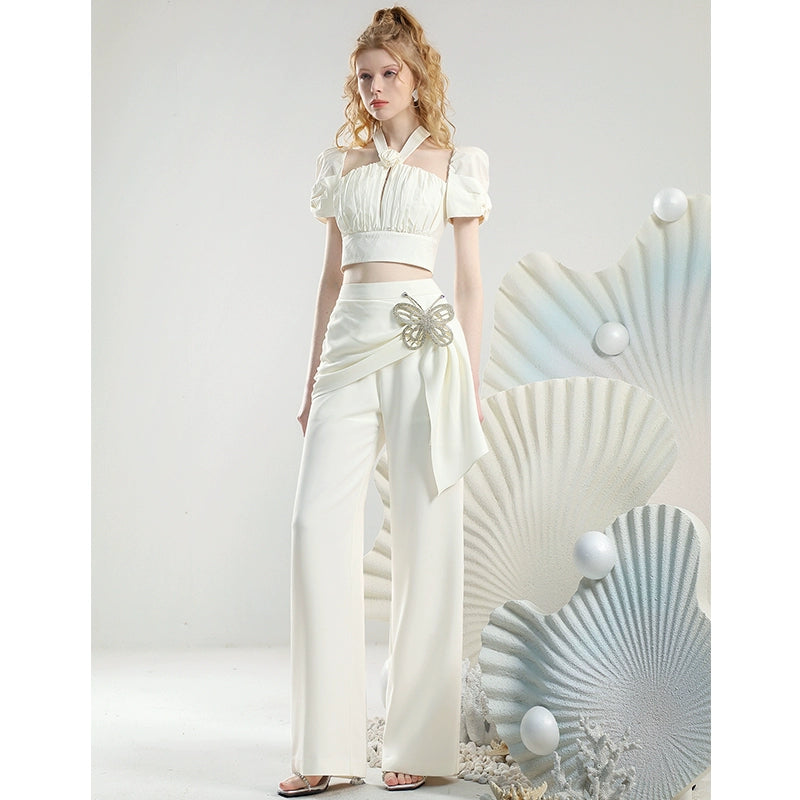 Halter-Neck Chic Suit Set-Up Ribbon Short- Tops&Wide-Pants