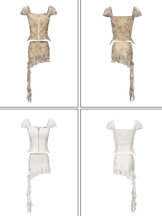 Florale französische Ärmelzip-up-Top & Rammstichrock