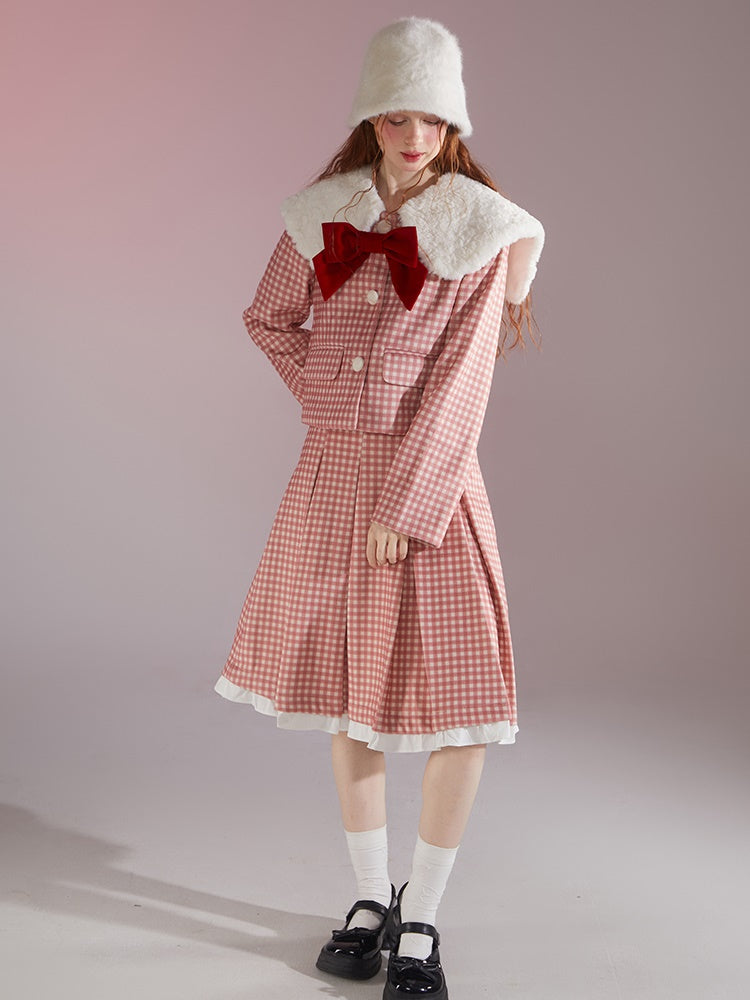 Retro Gingham Plaid Big Collar Jacket & Pleated Skirt