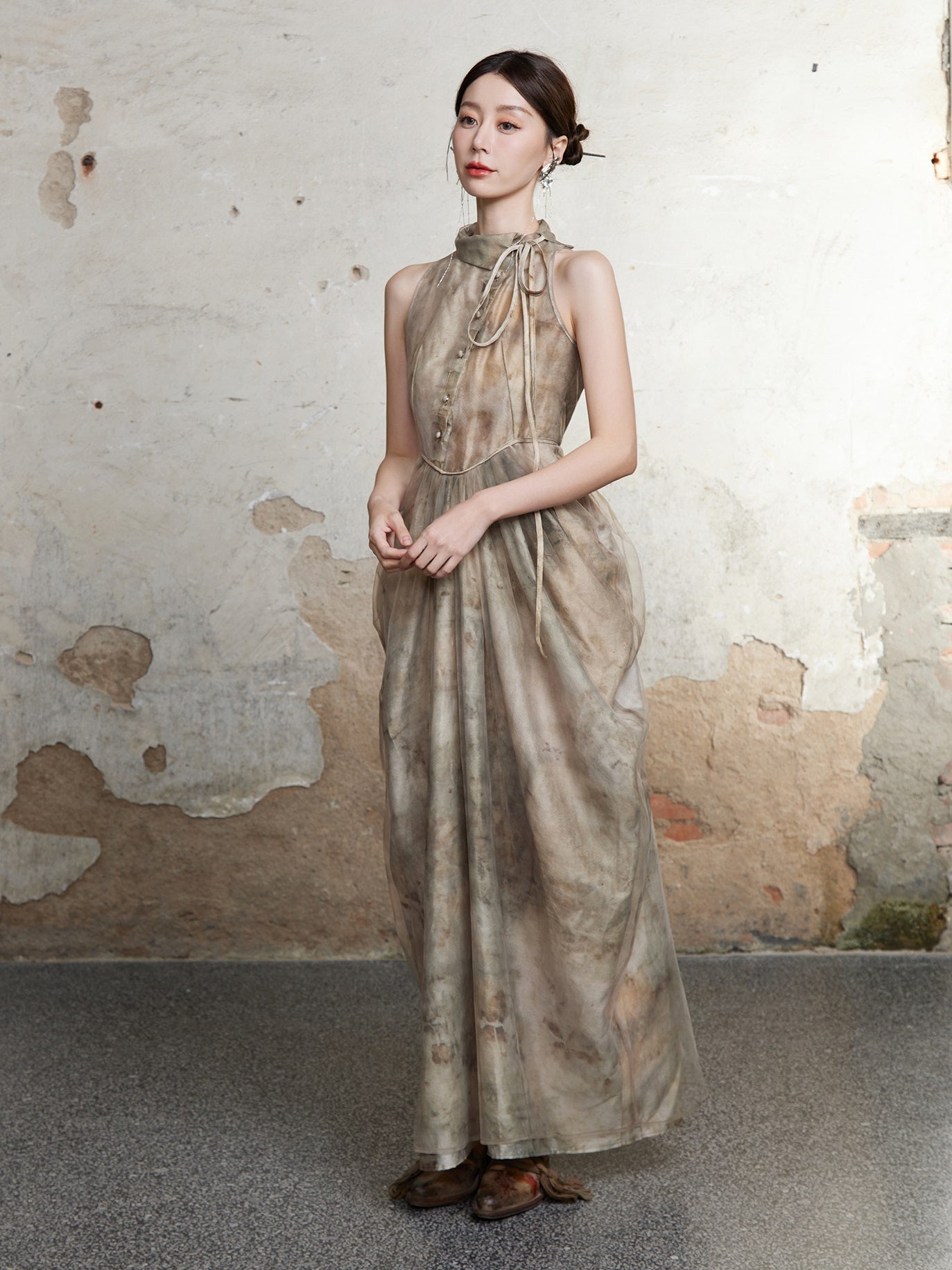 Chinese Style Waist Vase Cowl Dress