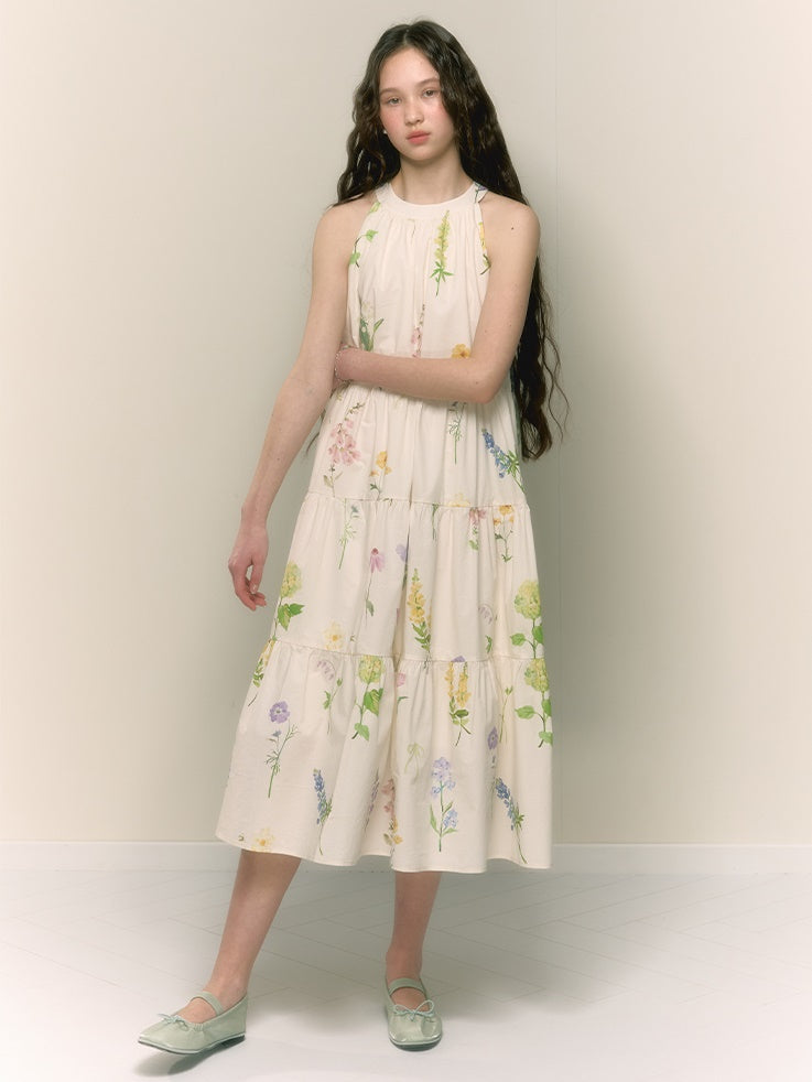French Retro Girly Print Pleated A-line Halterneck Long Dress