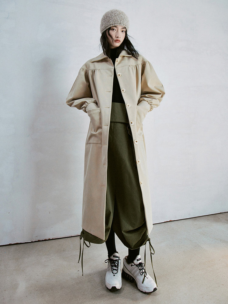 Dropped Shoulder Gather Convertible Collar Coat