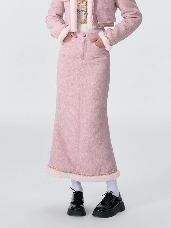 Contrast Color Fur Collar Tweed Padded Jacket & Skirt