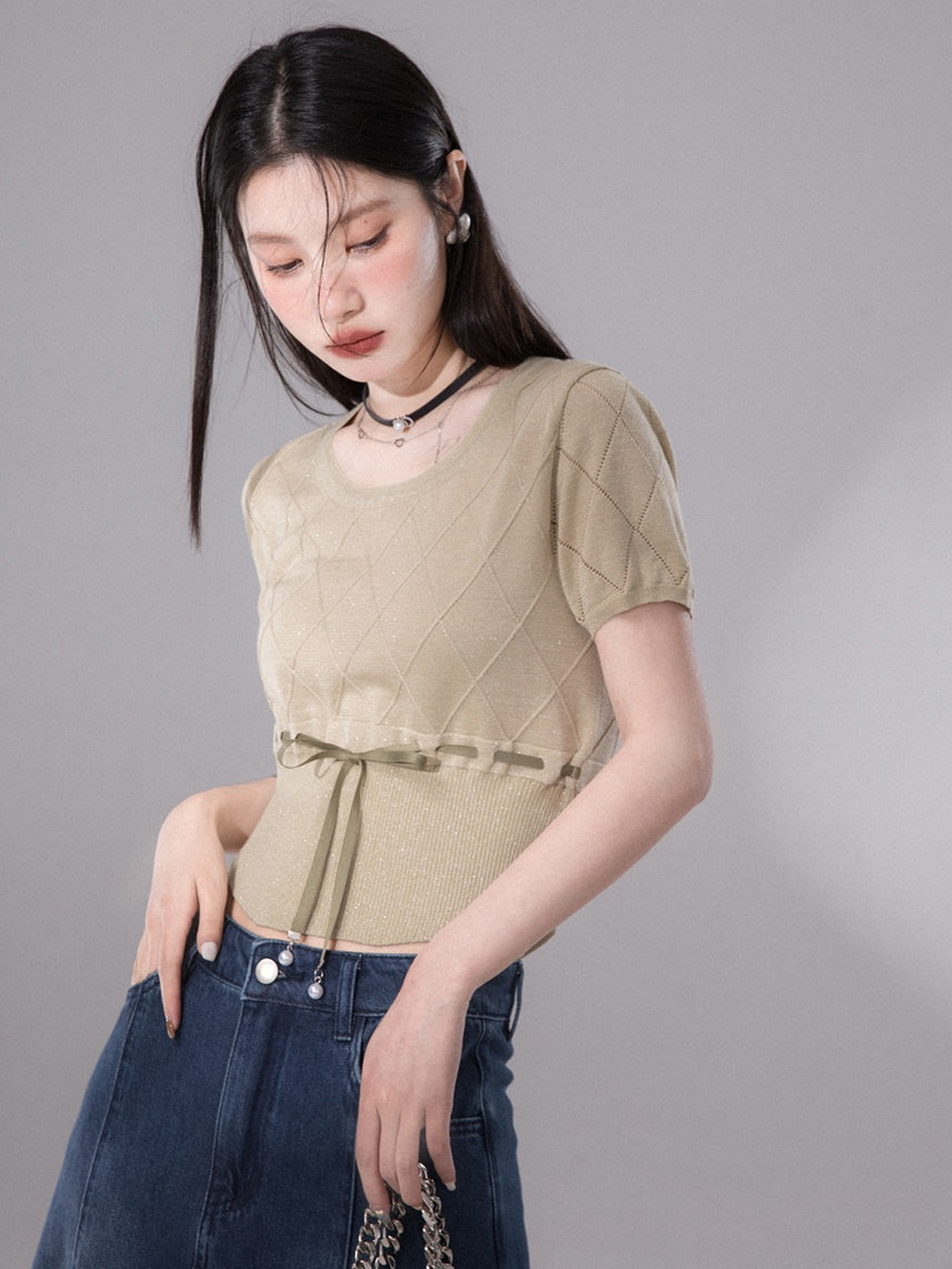 U-neck Rhombus Knitted Top